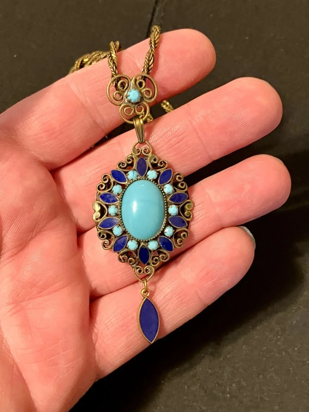 VTG Art Deco Filigree Brass Blue Enamel & Glass Pendant Necklace Neiger ? - Picture 2 of 4